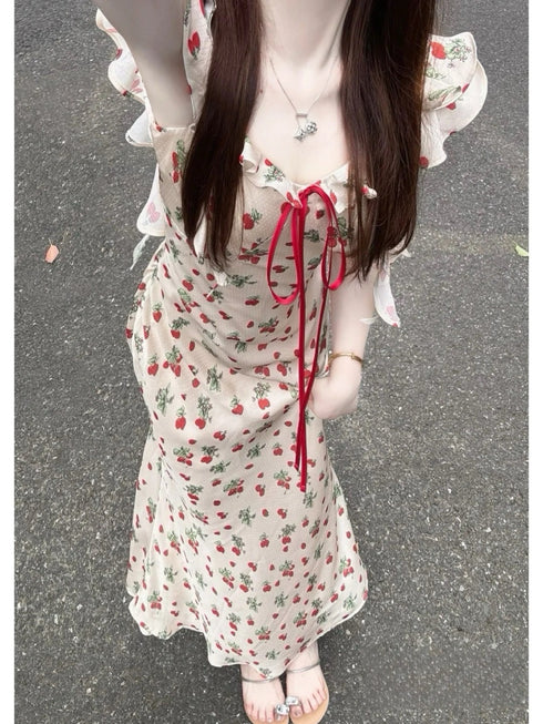 Printed Sleeveless Frills Straps Long Dresses